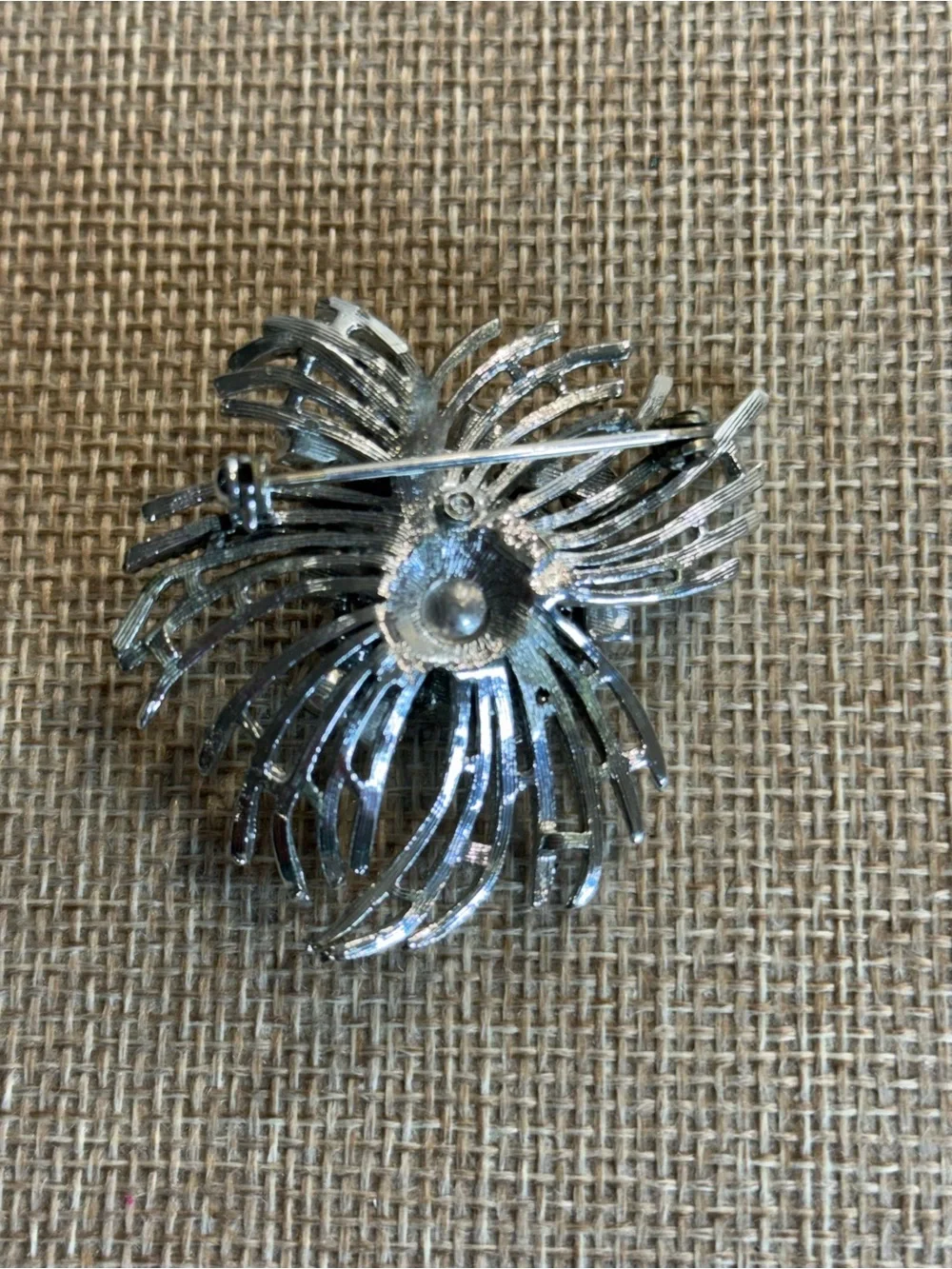 Vintage Coro Silver Tone‎ Blue Aurora Borealis Rhinestone Burst Brooch Pin MCM